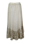 Beige Long Maxi Skirt with Net Hand Embroidery, Boho Maxi Skirts M/L