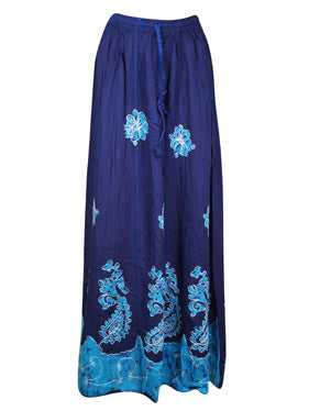 Blue Floral Renaissance Maxi Skirt, Hand Embroidered Batik Print Boho Skirts S/M/L