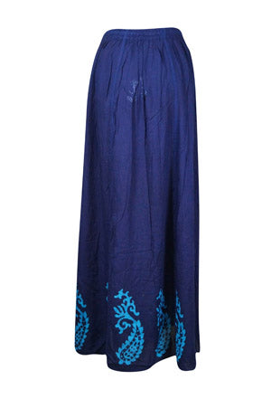 Blue Floral Renaissance Maxi Skirt, Hand Embroidered Batik Print Boho Skirts S/M/L