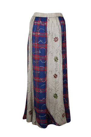 Ivory Renaissance Long Skirt, Blue Check Print Embroidery Hippie Skirt S/M/L