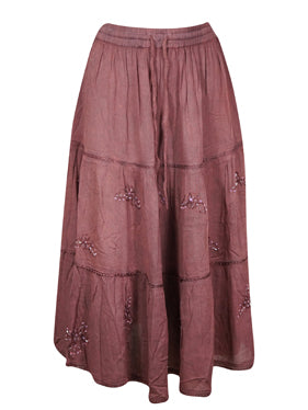 Cinnamon Brown maxi Skirt, Boho Flare Embroidered Long Skirts S/M/L