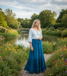  Blue Tie-Dye Boho Cotton Maxi Skirt – Flowy Summer Skirt for Women with Elastic Waist SM