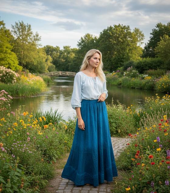 Blue Tie-Dye Boho Cotton Maxi Skirt – Flowy Summer Skirt for Women with Elastic Waist SM