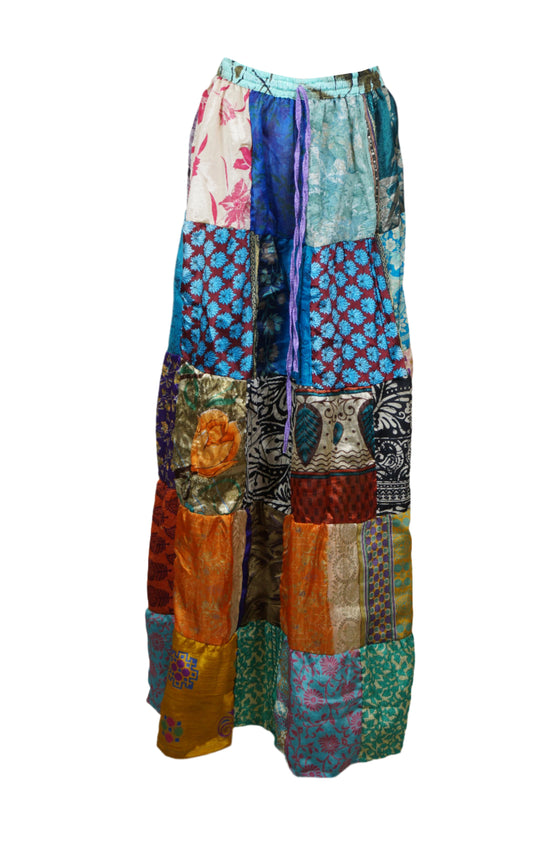 Women's Recycled Silk Patchwork Maxi Skirt  Multicolor Boho Elastic Summer Skirt S/M