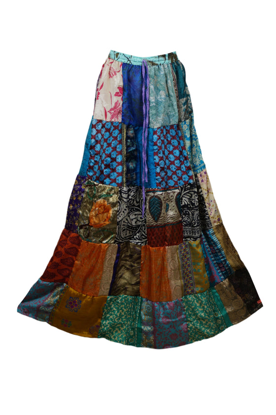 Women's Recycled Silk Patchwork Maxi Skirt  Multicolor Boho Elastic Summer Skirt S/M