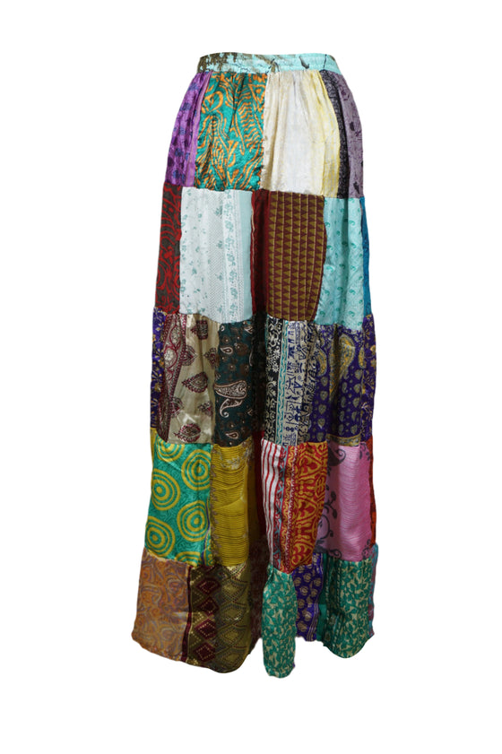 Women's Recycled Silk Patchwork Maxi Skirt  Multicolor Boho Elastic Summer Skirt S/M