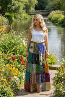  Women's Green Maxi Skirt – Boho Patchwork Summer Skirt with Elastic Waist S/M