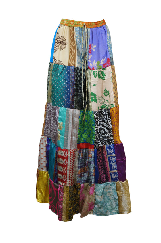 Women's Green Maxi Skirt – Boho Patchwork Summer Skirt with Elastic Waist S/M