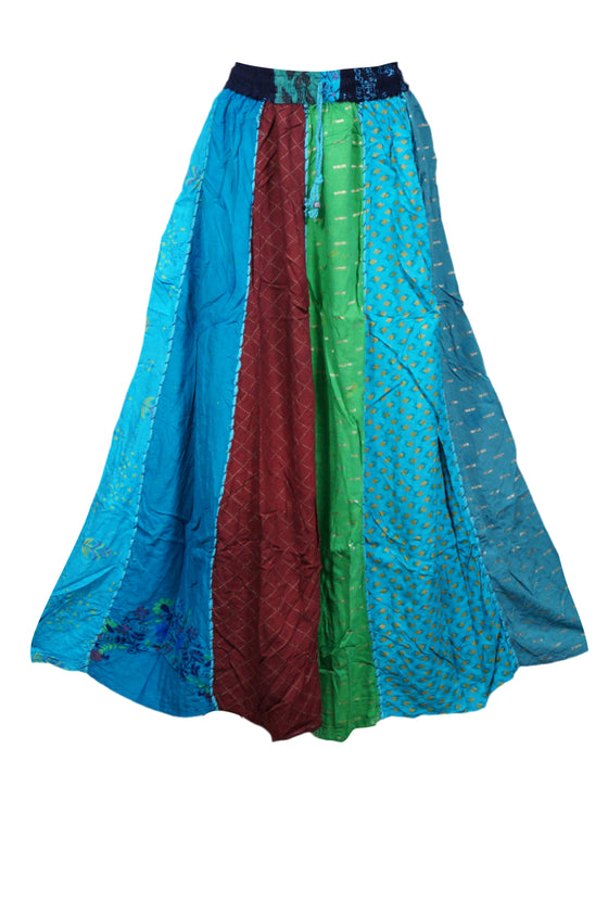 Women’s Boho Blue Dori Maxi Skirt – Patchwork Printed Hippie Skirt with Elastic Waist S/M/L