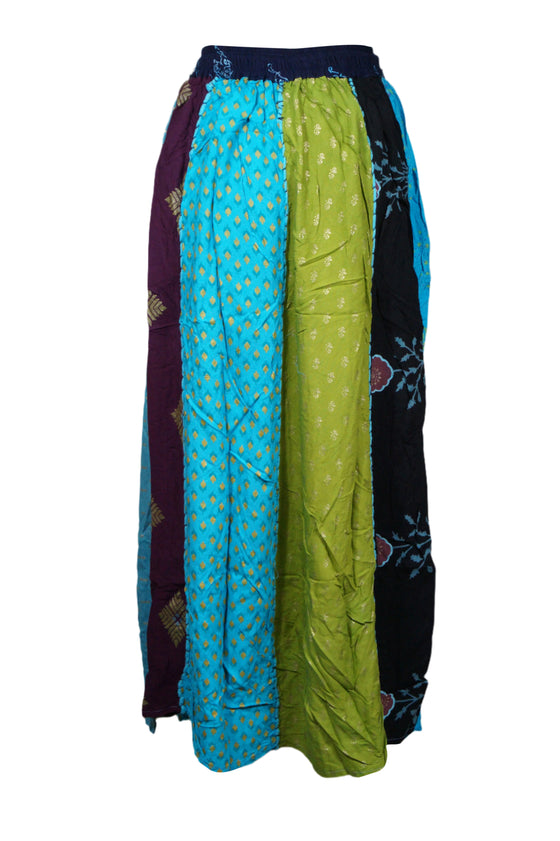 Women’s Boho Blue Dori Maxi Skirt – Patchwork Printed Hippie Skirt with Elastic Waist S/M/L