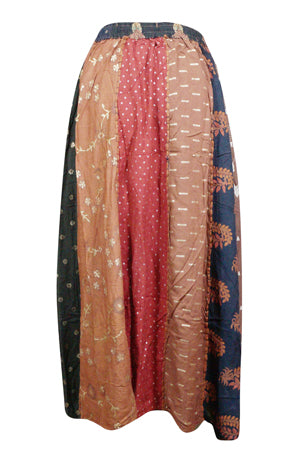 Womens Toasty Gold Maxi Skirt, Patchwork Panel Boho Flare Skirts, S/M/L