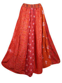  Womens Beach Maxi Skirt, Orange Summer Gujarati Patchwork Gypsy Skirts S/M/L