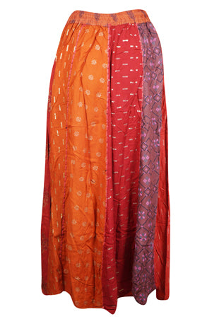 Womens Beach Maxi Skirt, Orange Summer Gujarati Patchwork Gypsy Skirts S/M/L