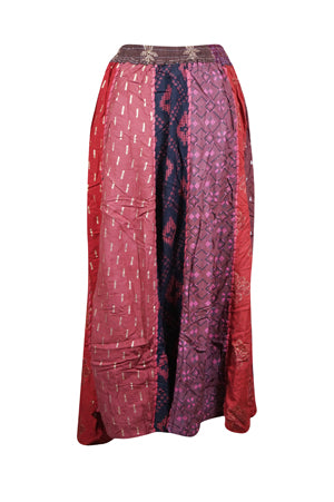 Womens Dori Maxi Skirts, Berry Rich Red Patchwork, Fall Bohemian Skirts S/M/L