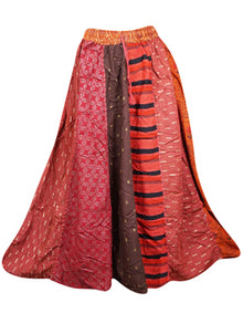  Womens Maxi Skirt, Paneled Red Printed Summer Retro Hippy Long Skirts S/M/L