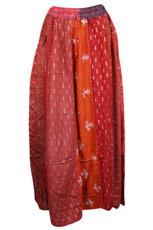 Womens Dori Patchwork Skirt, Festive Red Gold, Retro Skirts, Boho Maxi Skirts S/M/L