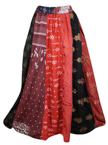  Women Fall Maxi Skirt, Multi Red Patchwork Long Skirts, Festive Boho Skirts S/M/L