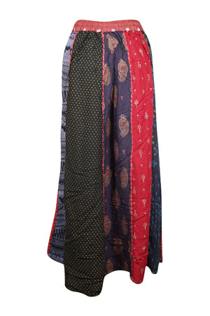 Womens Boho Maxi Skirt Red Printed Fall Retro Hippy Long Paneled Skirt S/M/L