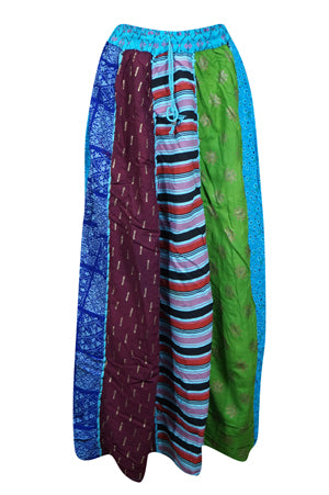 Womens Fall Maxi Skirt, Blue Green Patchwork Skirts, Retro Festive Hippie Skirts S/M/L