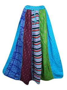  Womens Fall Maxi Skirt, Blue Green Patchwork Skirts, Retro Festive Hippie Skirts S/M/L