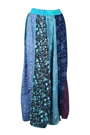 Womens Boho Maxi Skirt, Blue Dori Patchwork, Flared, Long Skirts S/M/L