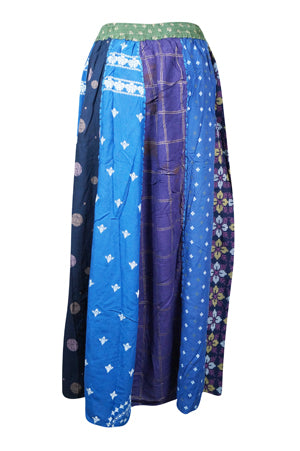 Womens Bohemian Skirt, Panel Skirts, Flared, Blue Dori Patchwork Long Skirts S/M/L