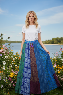  Blue Multi Boho Maxi Skirt – Floral Print Hippie Skirt with Dori Tie & Stretch Waist S/M/L