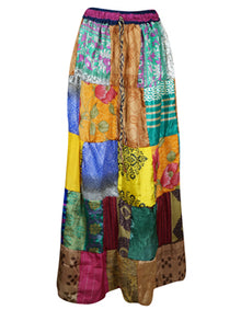  Womens Maxi Skirts, Multicolor Green Gypsy Patchwork Beach Long Skirts S/M
