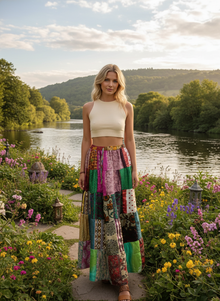  Women’s Pink Floral Maxi Skirt – Multicolor Boho Patchwork Summer Skirt S/M