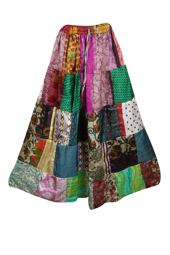 Womens Patchwork Maxi Skirt, Recycle Silk Sari Gypsy Skirt S/M/L