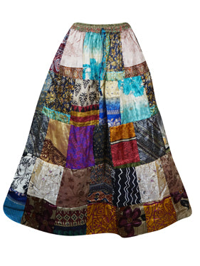 Womens Multicolor Patchwork Maxi Skirt, Recycle Silk Sari Gypsy Skirts S/M/L
