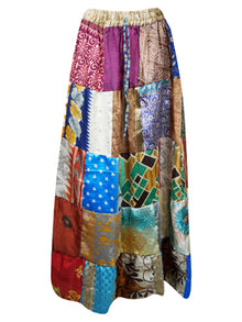  Womens Multicolor Maxi Skirt, Patchwork Recycle Silk Sari Gypsy Skirt S/M