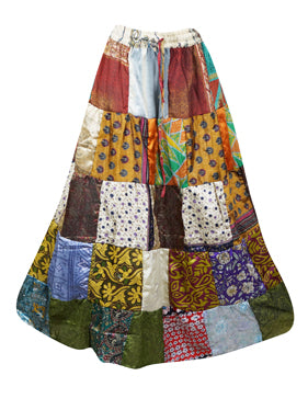 Womens Multicolor Patchwork Maxi Skirt, Recycle Silk Sari Summer Beach hippy Skirts S/M
