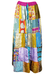  Womens Maxi Skirt, Multicolor Summer Skirt, Recycle Silk Gujarati Patchwork Skirts S/M