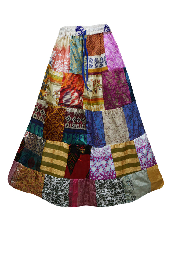 Womens Maxi Patchwork Skirt, Pink Blue Recycle Silk Gypsy Skirts S/M