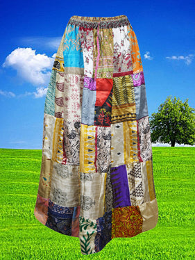 Womens Maxi Skirt, Multicolor Summer Skirt, Recycle Silk Patchwork Skirts S/M