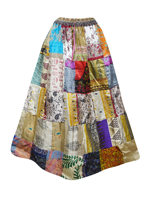 Womens Maxi Skirt, Multicolor Summer Skirt, Recycle Silk Patchwork Skirts S/M
