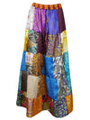 Womens Multicolor Maxi Skirt, Patchwork Recycle Silk Sari Gypsy Skirt S/M