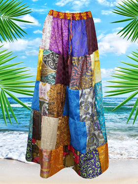 Womens Multicolor Maxi Skirt, Patchwork Recycle Silk Sari Gypsy Skirt S/M