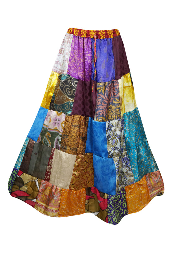 Womens Multicolor Maxi Skirt, Patchwork Recycle Silk Sari Gypsy Skirt S/M