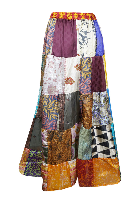 Womens Multicolor Maxi Skirt, Patchwork Recycle Silk Sari Gypsy Skirt S/M