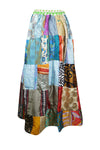 Womens Blue Maxi Skirt, Beach Patchwork Recycle Silk Sari Gypsy Skirt S/M