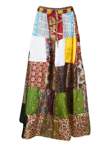  Womens Patchwork Maxi Skirt Colorful Silk Blend Beach Flare Long Skirts S/M