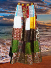 Womens Patchwork Maxi Skirt Colorful Silk Blend Beach Flare Long Skirts S/M