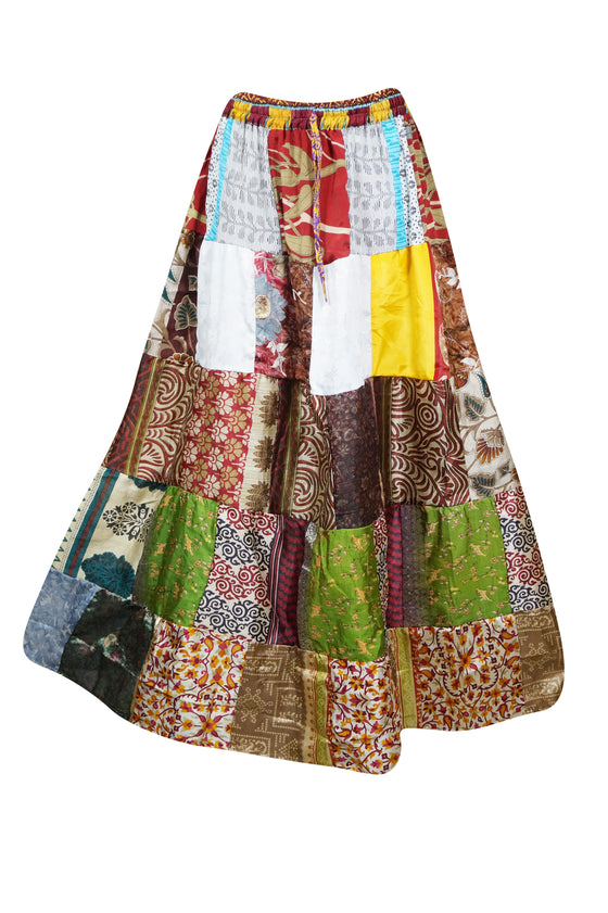 Womens Patchwork Maxi Skirt Colorful Silk Blend Beach Flare Long Skirts S/M