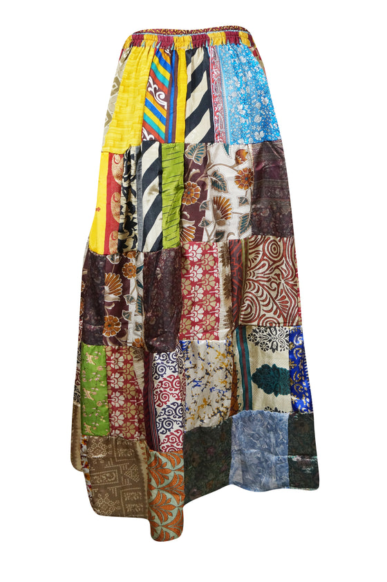 Womens Patchwork Maxi Skirt Colorful Silk Blend Beach Flare Long Skirts S/M