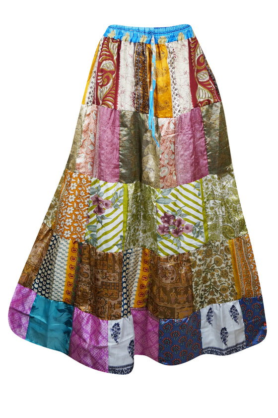 Womens Maxi Skirt, Multicolor Summer Skirt, Recycle Silk Gujarati Patchwork Skirts S/M