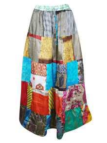  Womens Patchwork Maxi Skirt, Beach Hippy Recycle Silk Sari Gypsy Skirt S/M