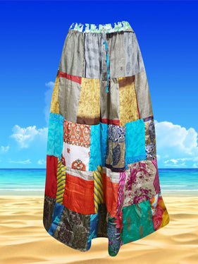 Womens Patchwork Maxi Skirt, Beach Hippy Recycle Silk Sari Gypsy Skirt S/M