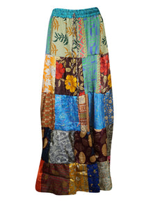  Womens Summer Maxi Skirt, Multi Blue Beach Hippy Recycle Silk Sari Gypsy Skirts S/M